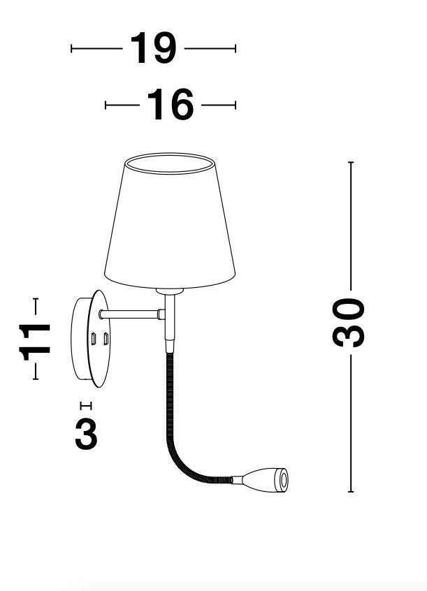 Schéma coté de l'applique murale avec dimensions en centimètres sur fond blanc.
