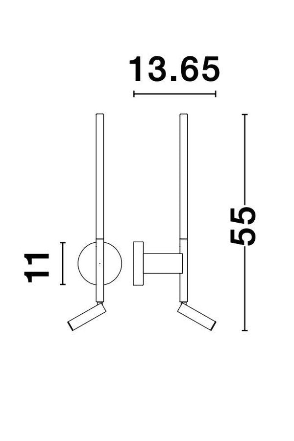 Schéma coté de l'applique avec dimensions 13,65 cm, 55 cm et 11 cm.