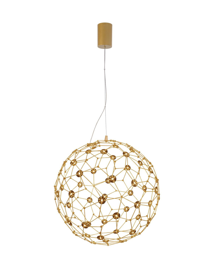 Produit de face sur fond blanc, sphère ajourée dorée et câble de suspension vertical.