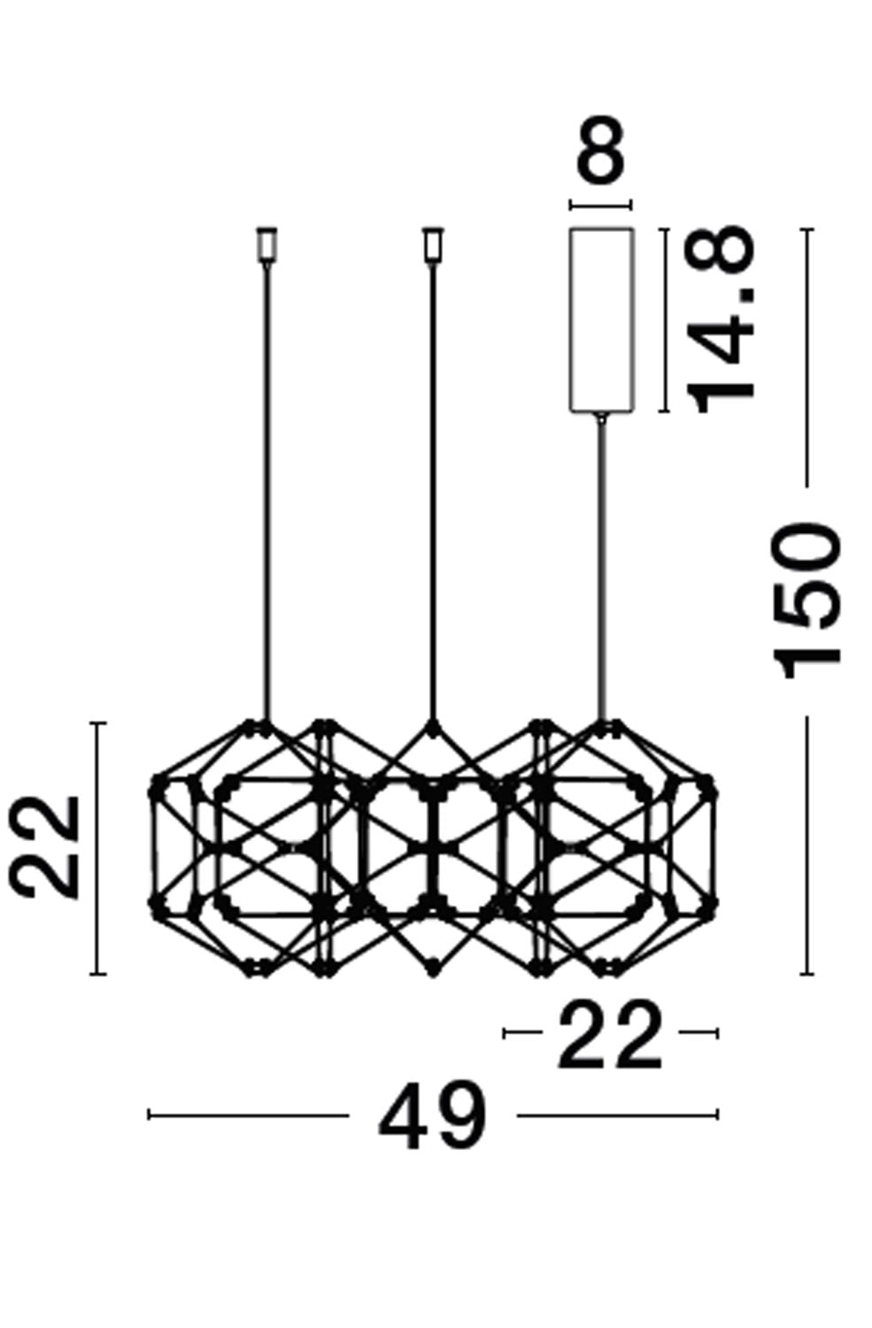 Schéma coté de la suspension : hauteur 150 cm, largeur 49 cm, module 22 cm