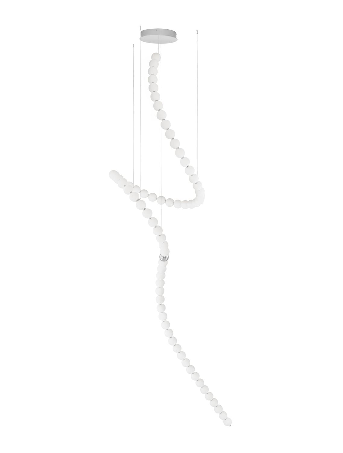 Vue de face du luminaire sur fond blanc avec sa rosace et ses câbles fins