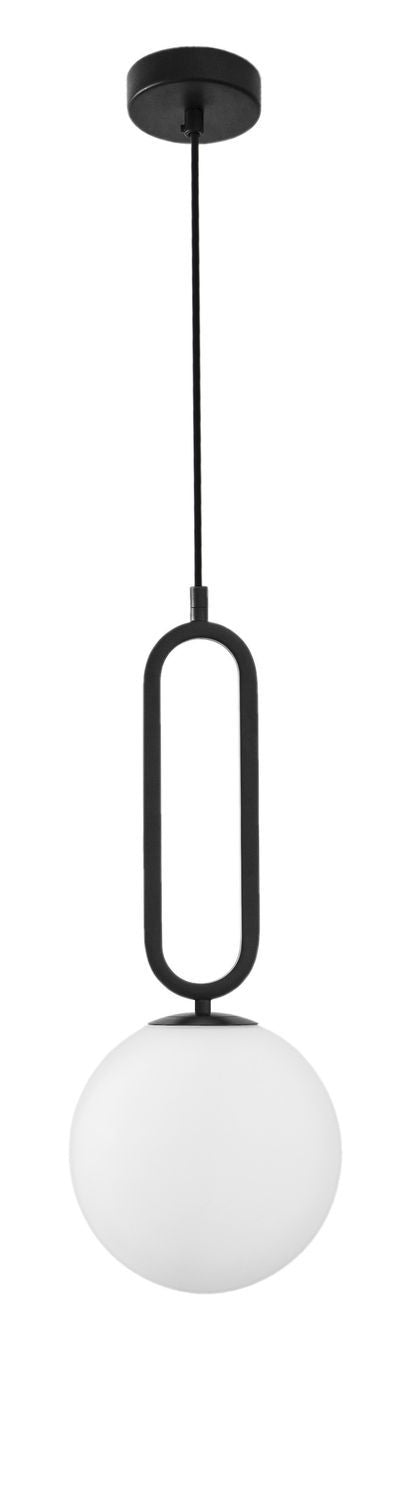 Vue de face du luminaire suspendu noir avec rosace, câble et globe de verre opalin
