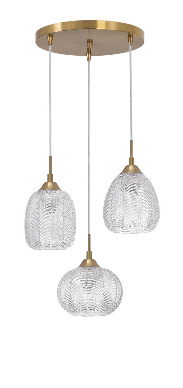 Vue de face du luminaire sur fond blanc, trois verres et platine dorée