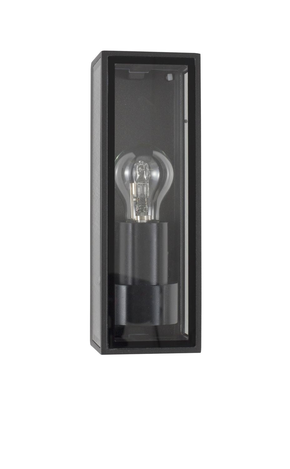 Vue de face du luminaire noir sur fond blanc, ampoule à filament visible