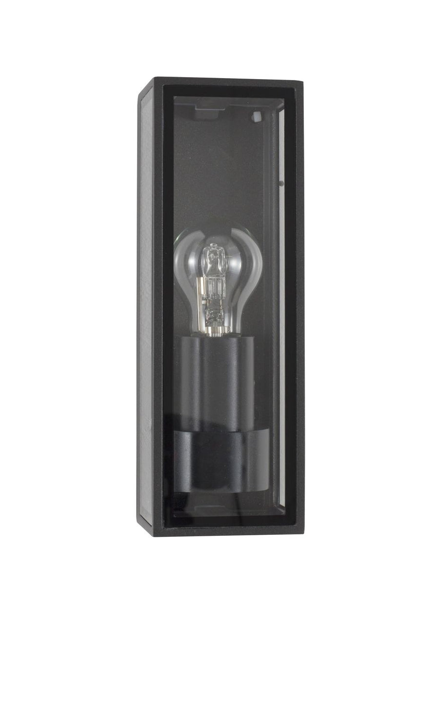 Vue de face du luminaire noir sur fond blanc, ampoule à filament visible