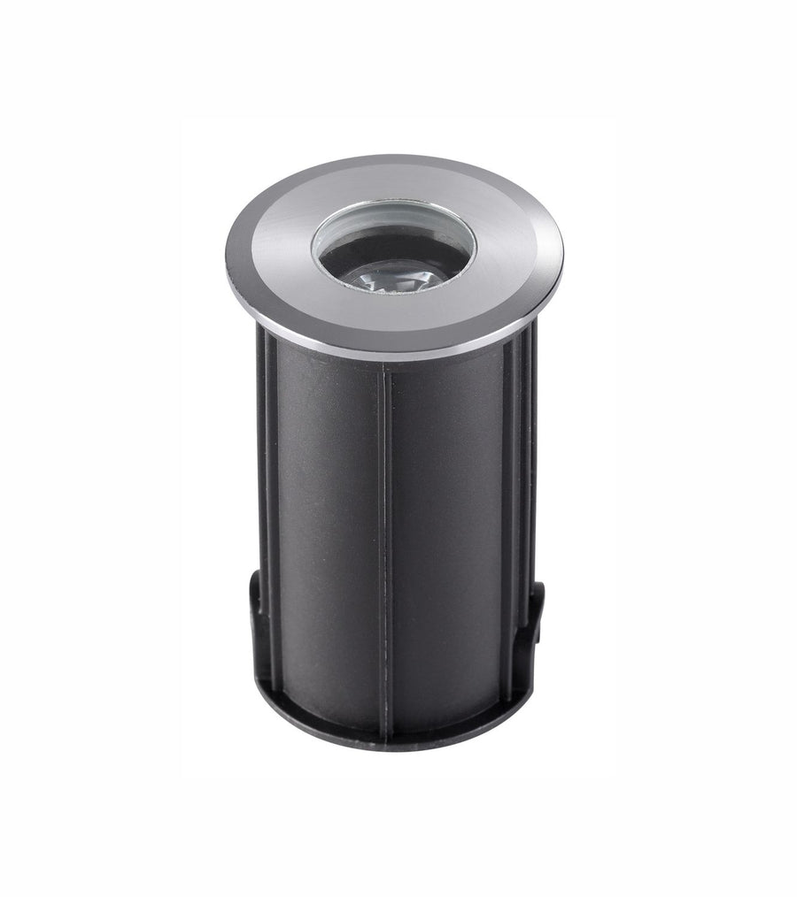 Vue rapprochée du luminaire cylindrique noir avec bague nickel et clips de fixation.