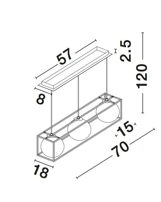 Schéma technique coté du luminaire avec hauteur et longueur indiquées