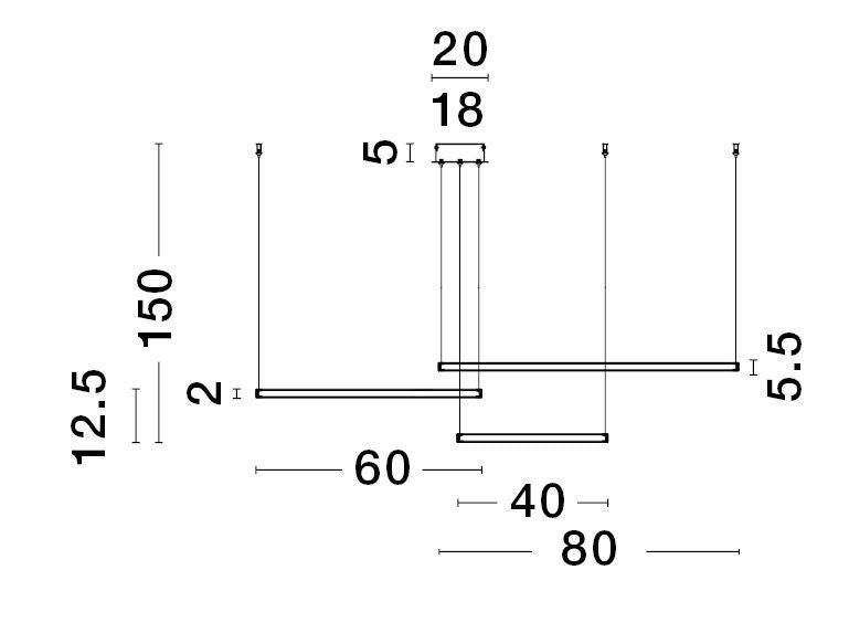 Schéma technique coté de la suspension, dimensions des anneaux et hauteur de suspension.