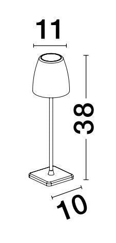 Schéma de dimensions indiquant hauteur 38 cm, largeur abat-jour 11 cm et base 10 cm.