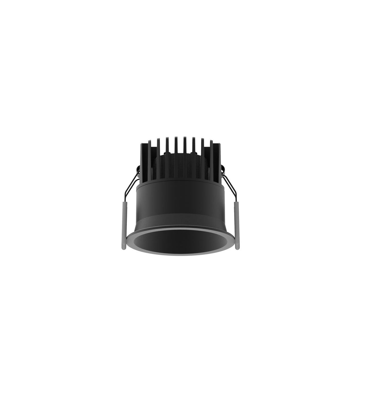 Produit de face sur fond blanc, projecteur rond noir vu de profil