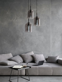 Suspension Velor 3 lumières noire et fumée, verre, H 185 cm
