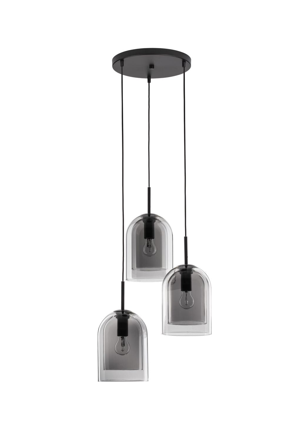 Suspension Velor 3 lumières noire et fumée, verre, H 185 cm