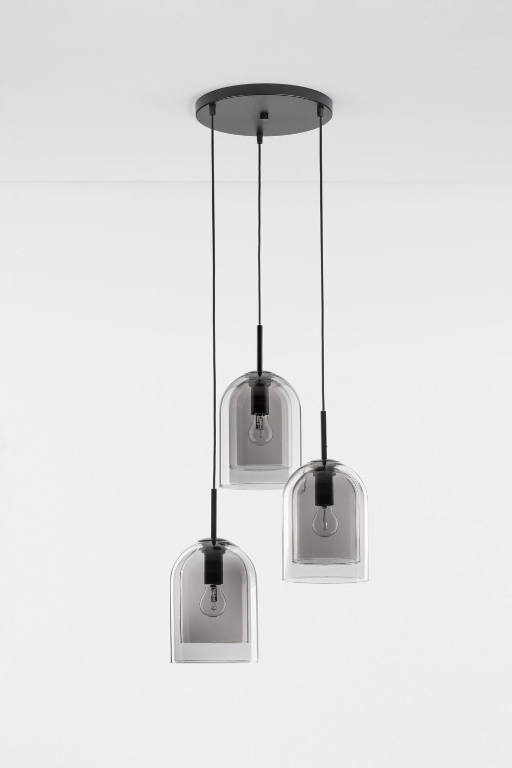 Suspension Velor 3 lumières noire et fumée, verre, H 185 cm