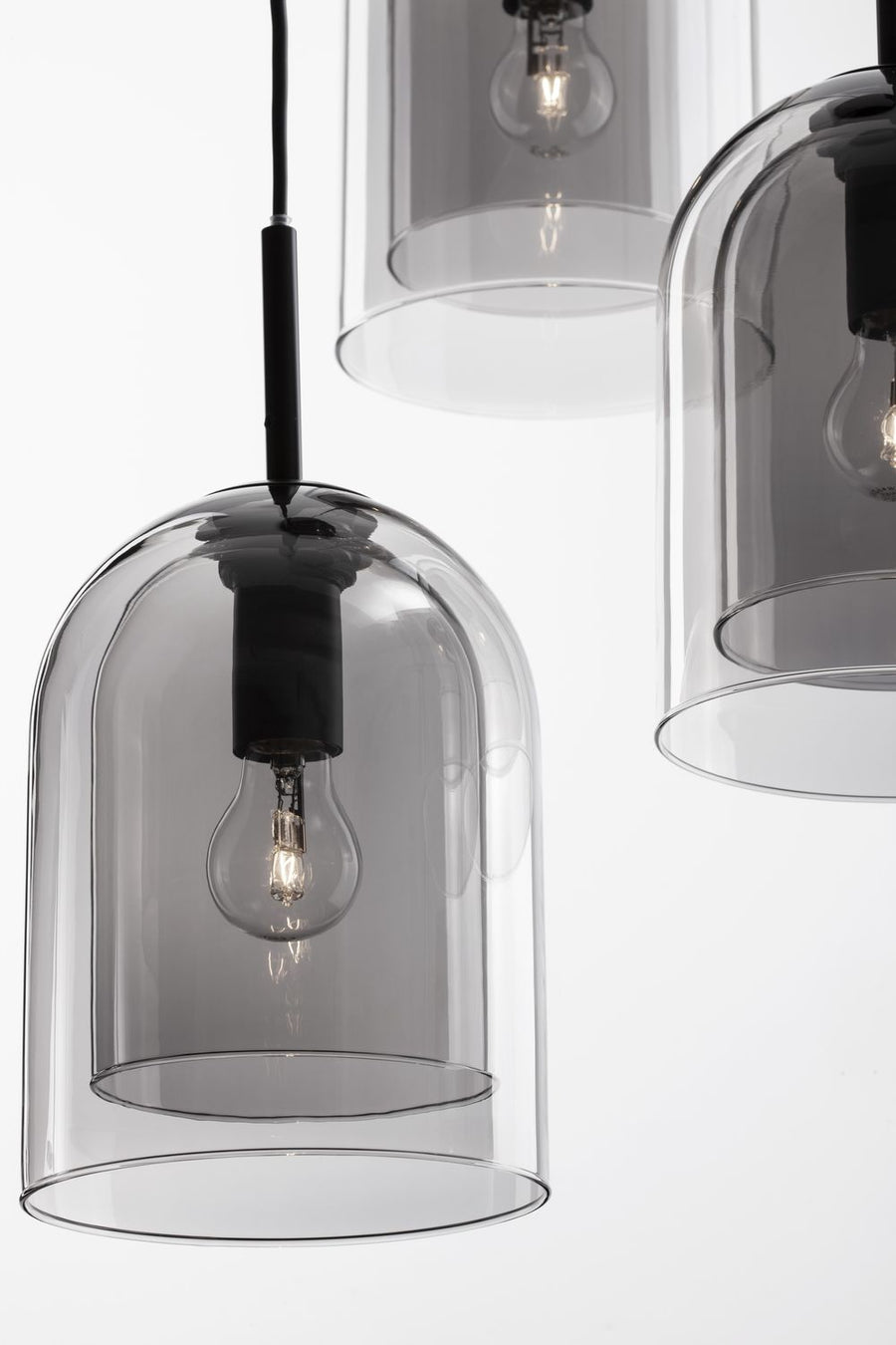 Suspension Velor 3 lumières noire et fumée, verre, H 185 cm