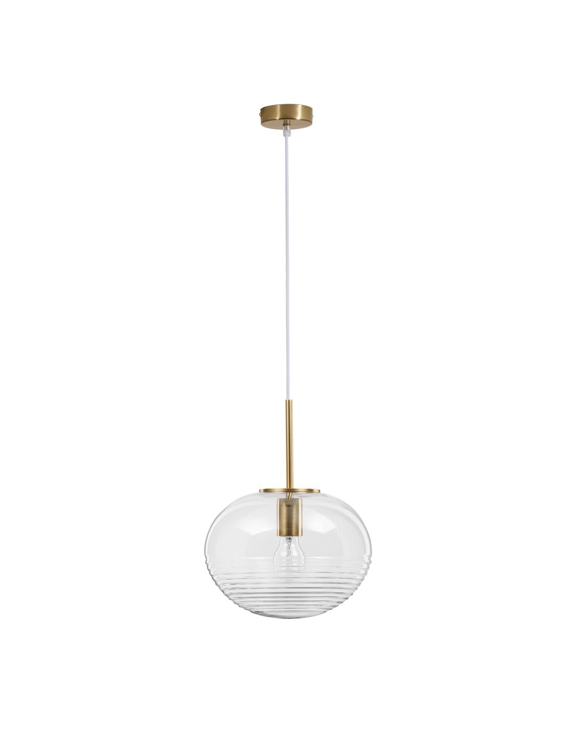 Vue de face du luminaire sur fond blanc, grand abat-jour en verre transparent et câble blanc