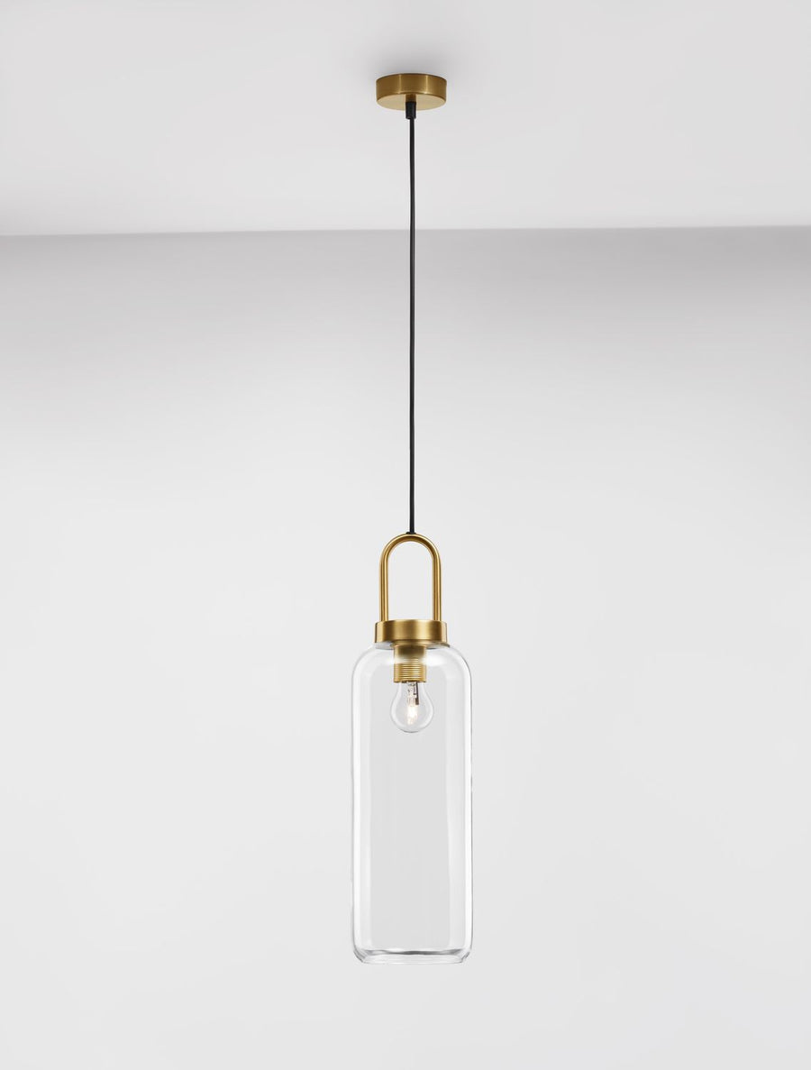 Silhouette verticale du cylindre en verre et de sa longue suspension noire