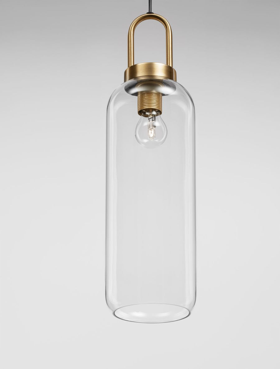 Gros plan sur le bas du cylindre en verre clair et l'ampoule éclairée