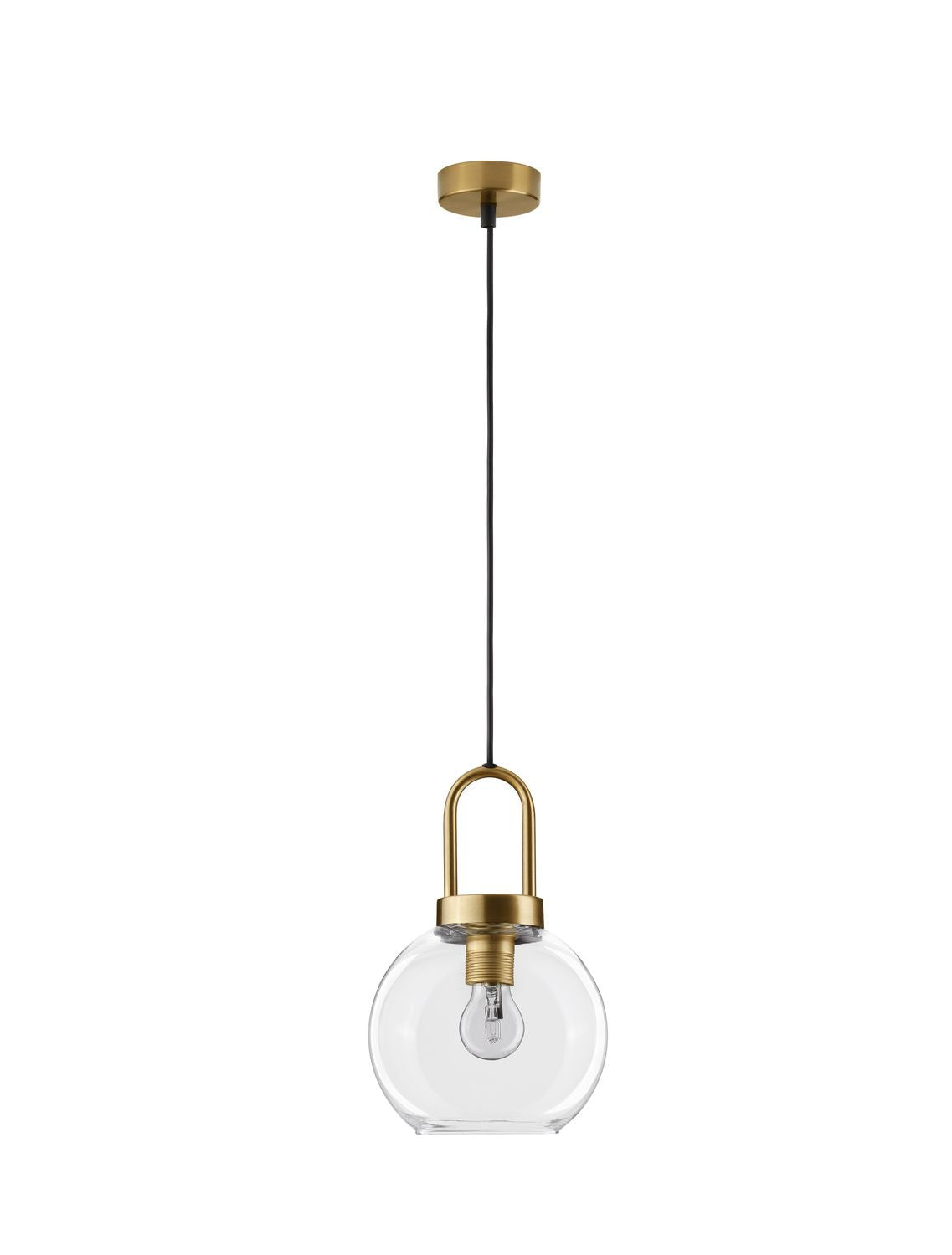 Vue de face du luminaire sur fond blanc, câble noir et rosace dorée visibles