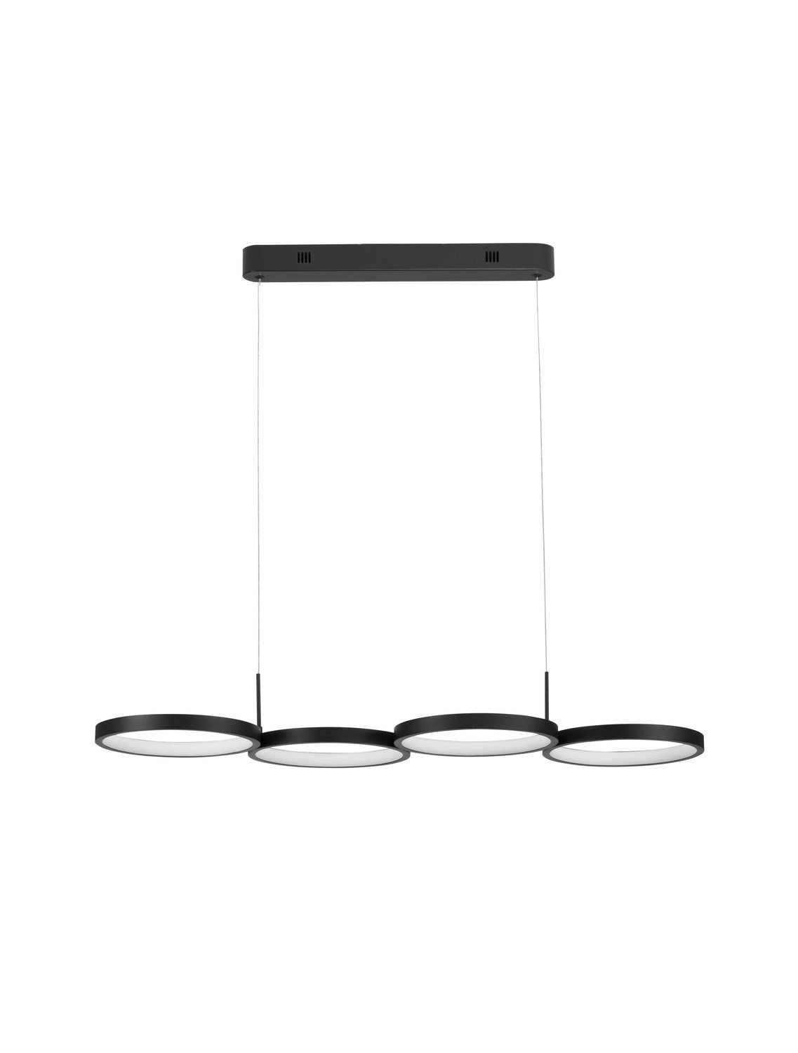 Vue de face du luminaire sur fond blanc, quatre anneaux alignés
