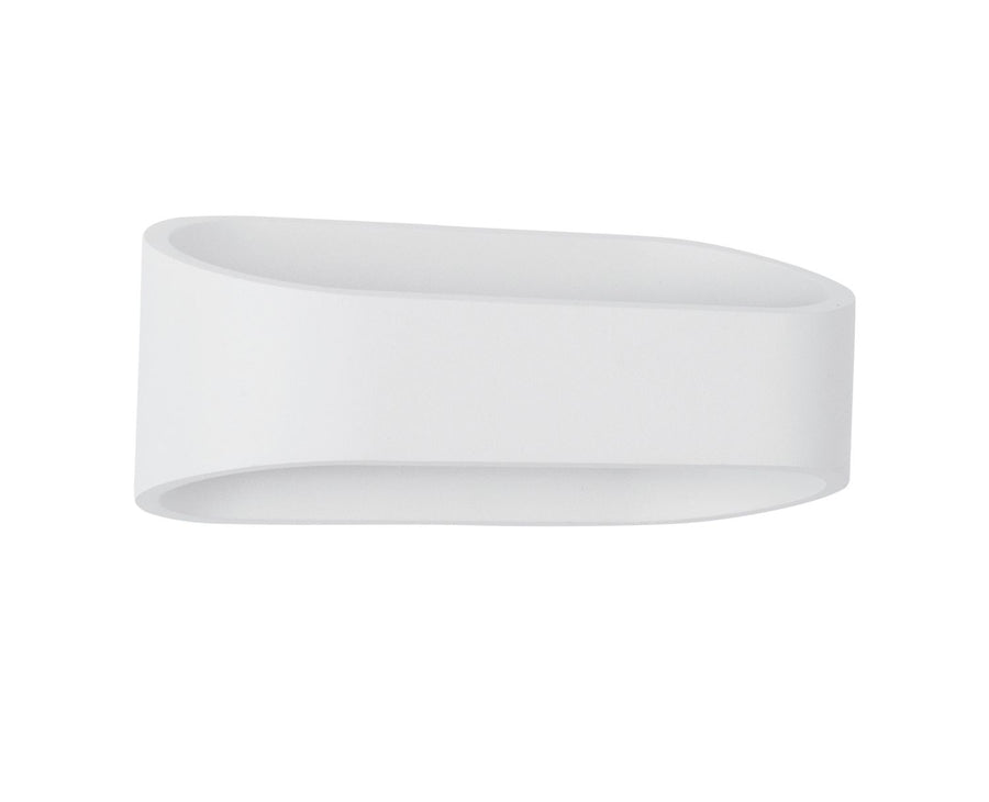 Vue de trois quarts du luminaire blanc sur fond neutre, forme ovale allongée