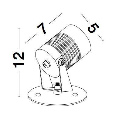 Schéma technique coté du luminaire : hauteur douze, profondeur sept, diamètre cinq