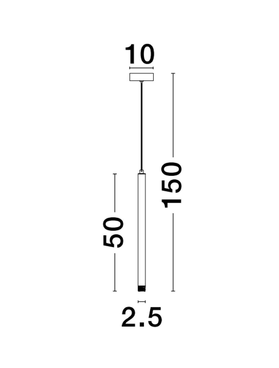 Schéma coté du luminaire : hauteur 150 cm, tube 50 cm, diamètre 2,5 cm