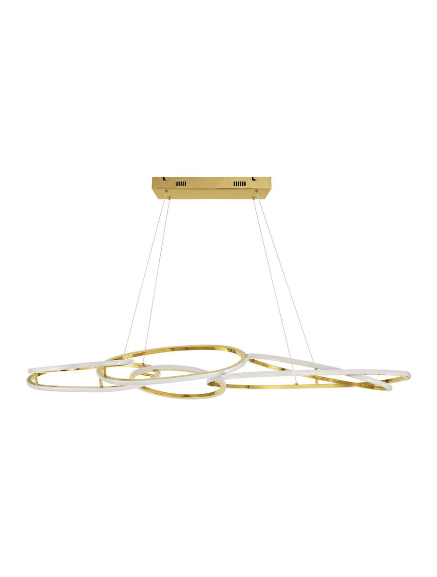 Vue de face du luminaire suspendu sur fond blanc, anneaux dorés entrelacés avec LED.