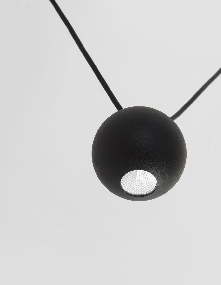Détail rapproché d'une sphère noire mate et de sa lentille LED