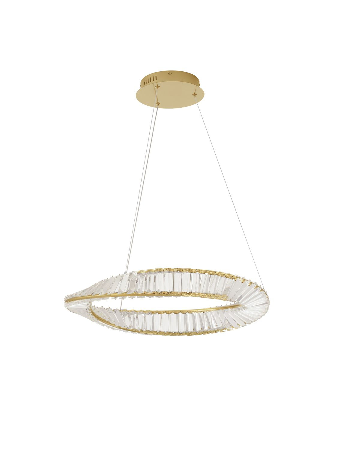 Suspension complète avec rosace dorée et câbles fins, vue d'ensemble sur fond blanc
