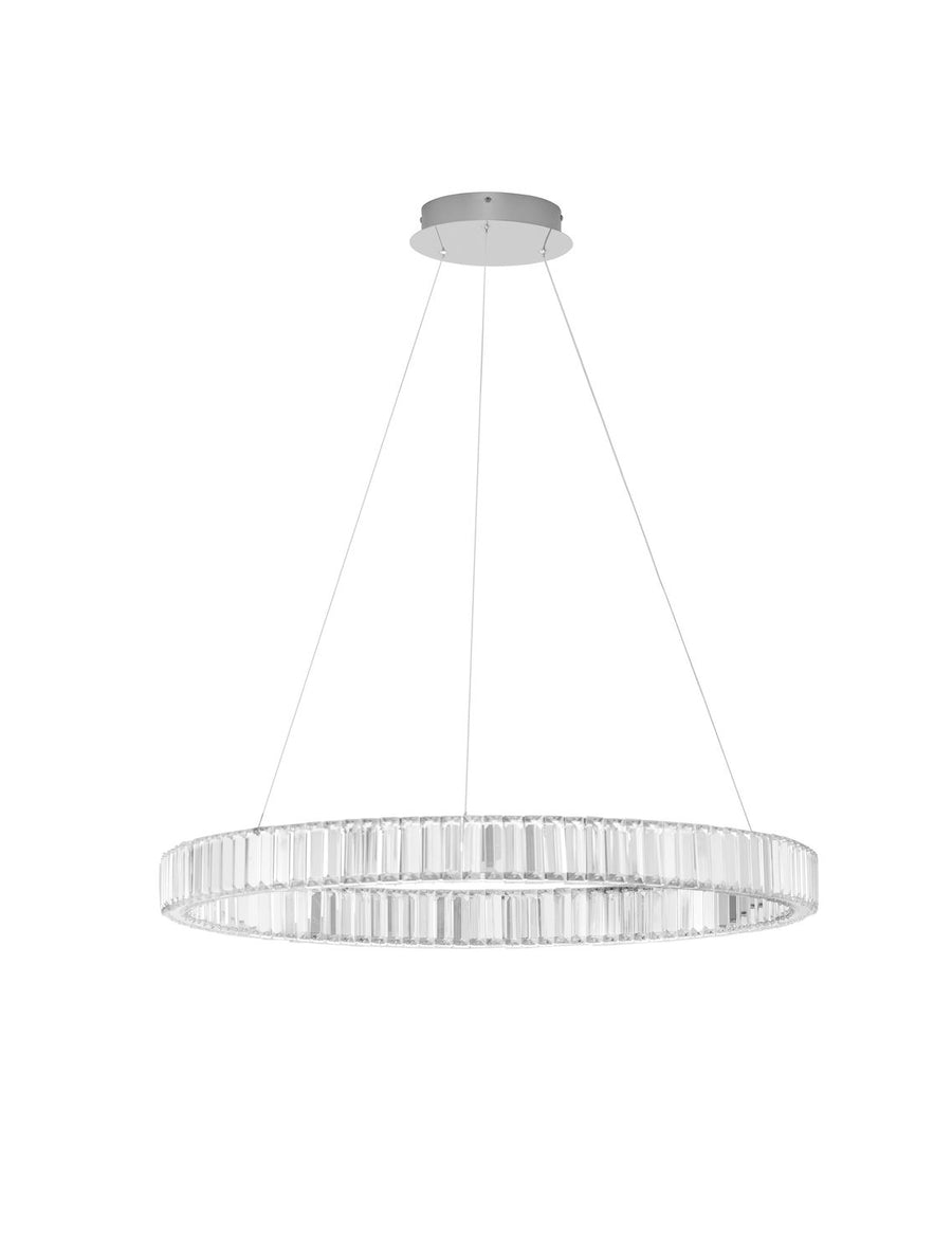 Vue de face du luminaire sur fond blanc avec ses câbles