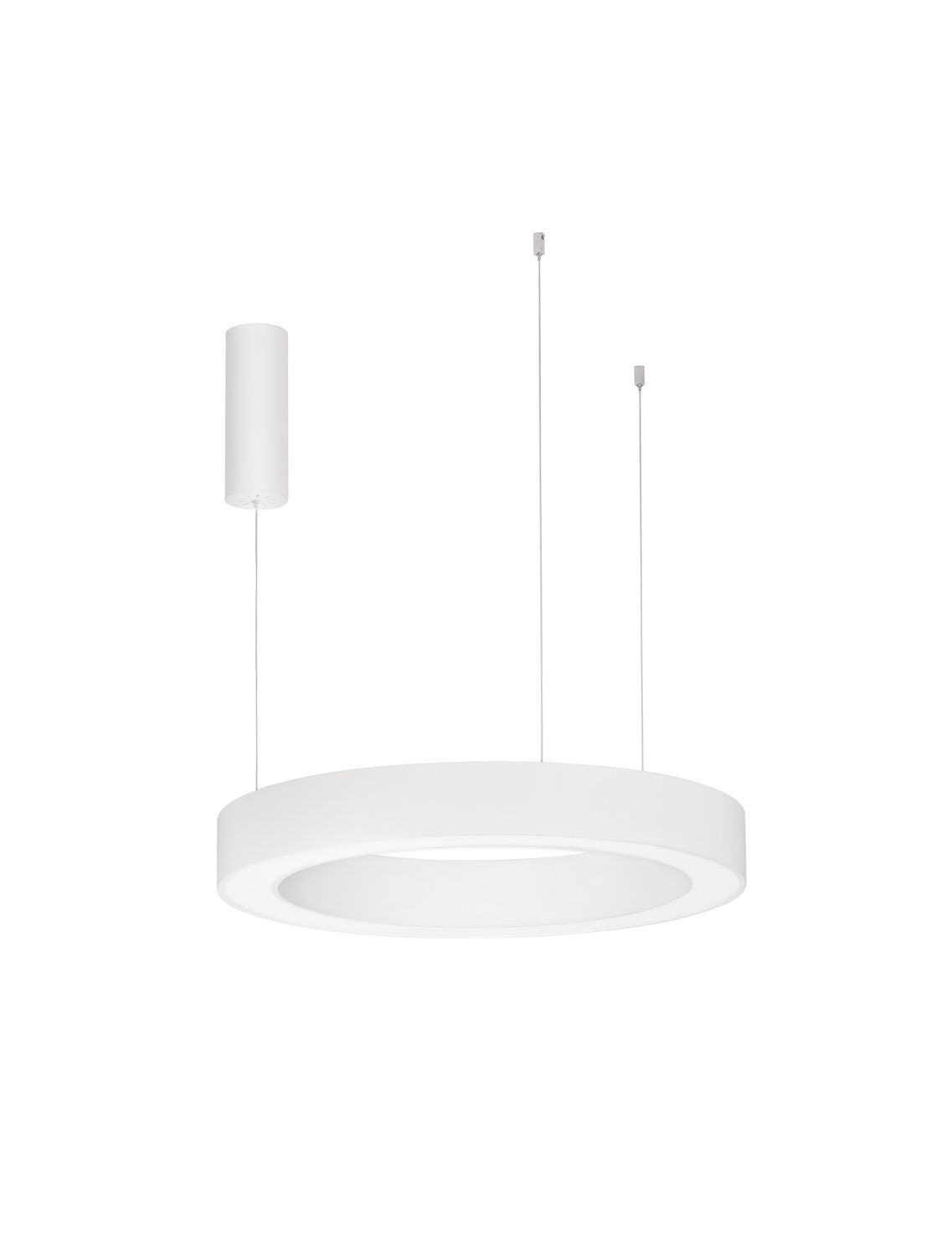 Vue de face du luminaire blanc sur fond neutre, câbles apparents