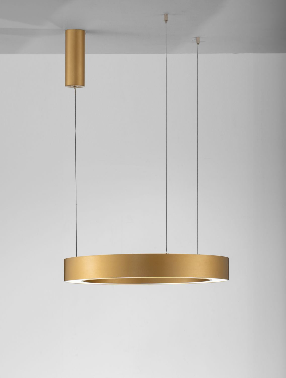 Mise en ambiance du luminaire suspendu devant un mur gris clair et uni