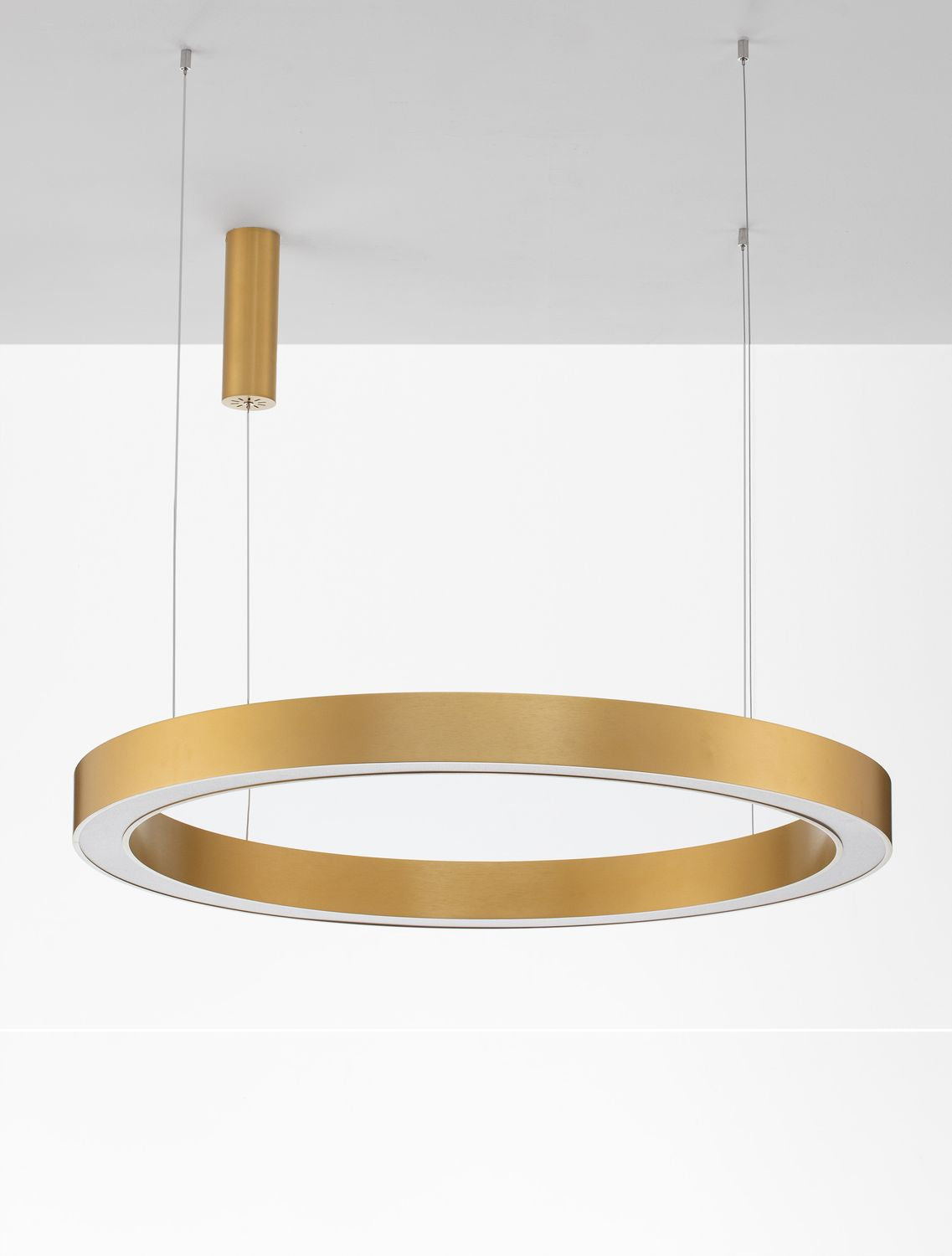 Détail rapproché de l'anneau doré et du diffuseur LED blanc intégré