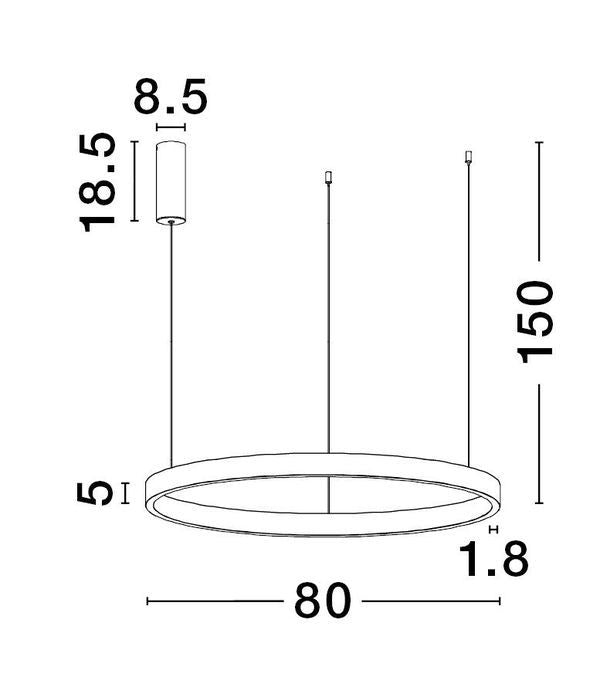 Schéma coté du luminaire indiquant 80 cm de diamètre et 150 cm de hauteur