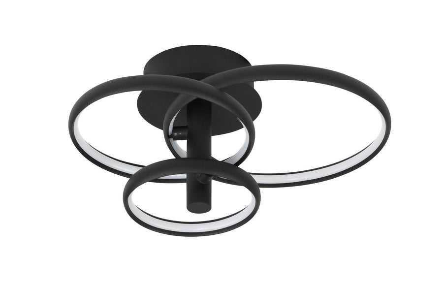 Vue de trois quarts du luminaire noir à trois anneaux entrelacés, LED blanc