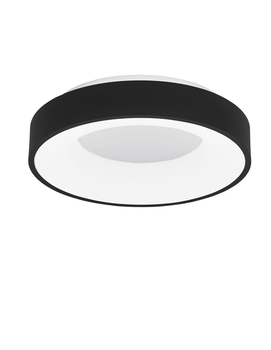 Produit de face sur fond blanc, plafonnier rond noir et blanc