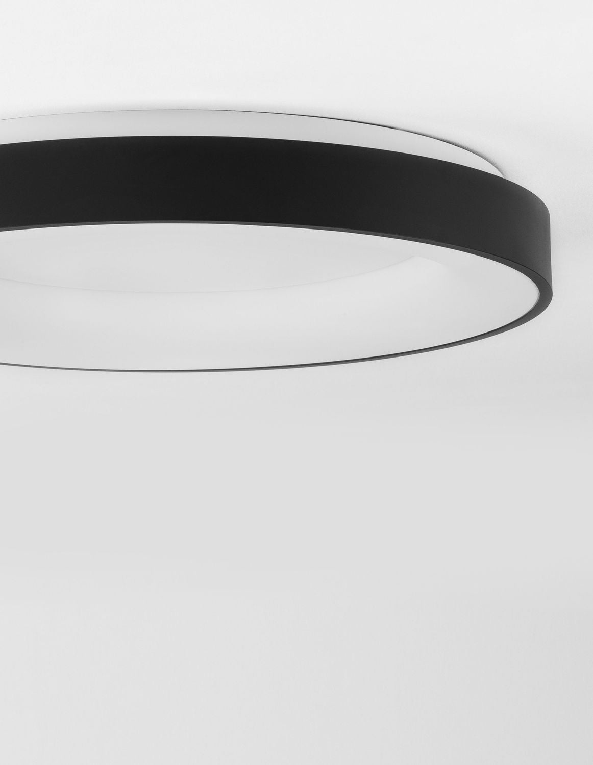 Détail de profil du plafonnier montrant le cerclage noir et le diffuseur blanc