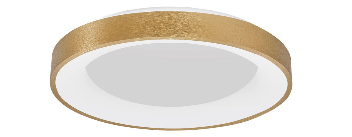 Vue de trois quarts du luminaire rond à cerclage doré brossé