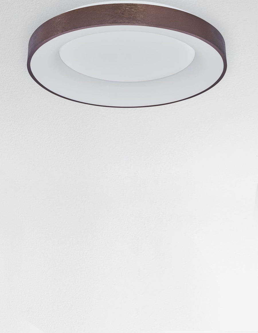 Luminaire vu de biais sous un plafond blanc, anneau brun apparent