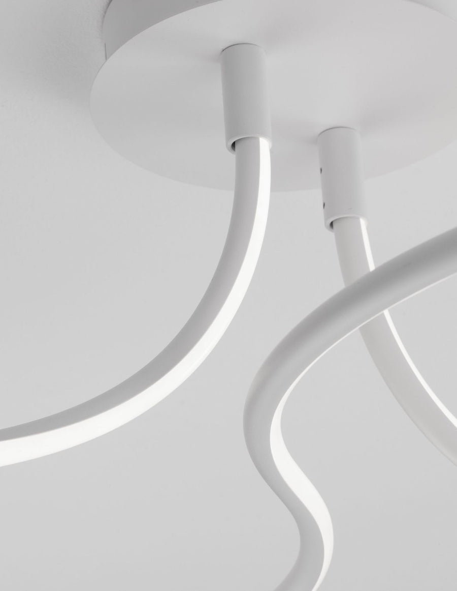 Détail rapproché des tubes lumineux courbes et de la coupelle de fixation