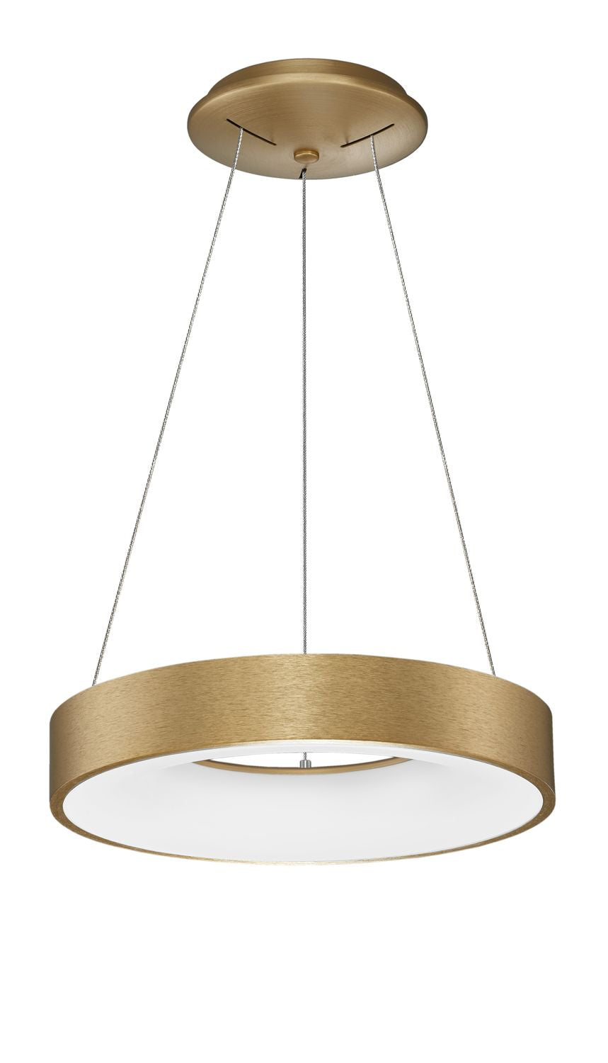 Vue de face de la suspension dorée avec ses câbles et sa rosace plafond.