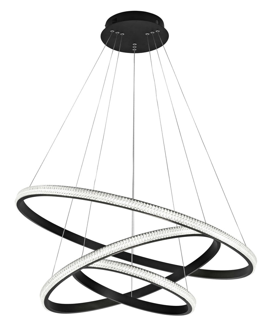Vue de face du luminaire sur fond blanc, montrant les trois anneaux