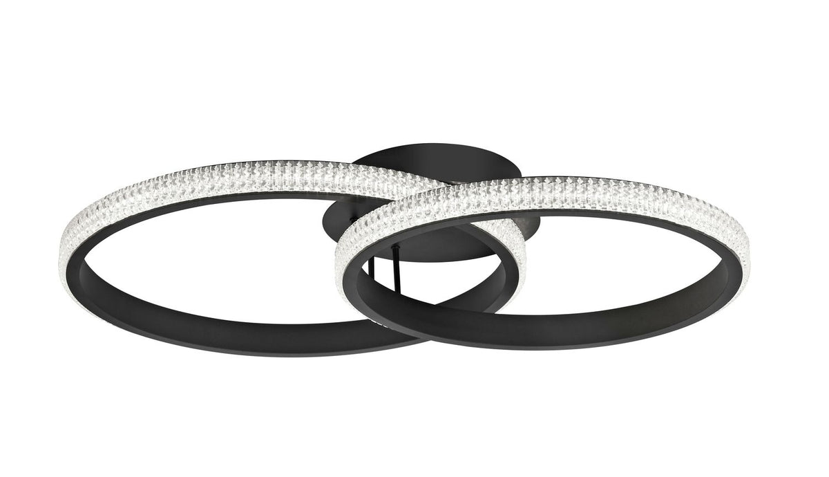 Vue de face du luminaire sur fond blanc, anneaux noirs et diffuseurs texturés
