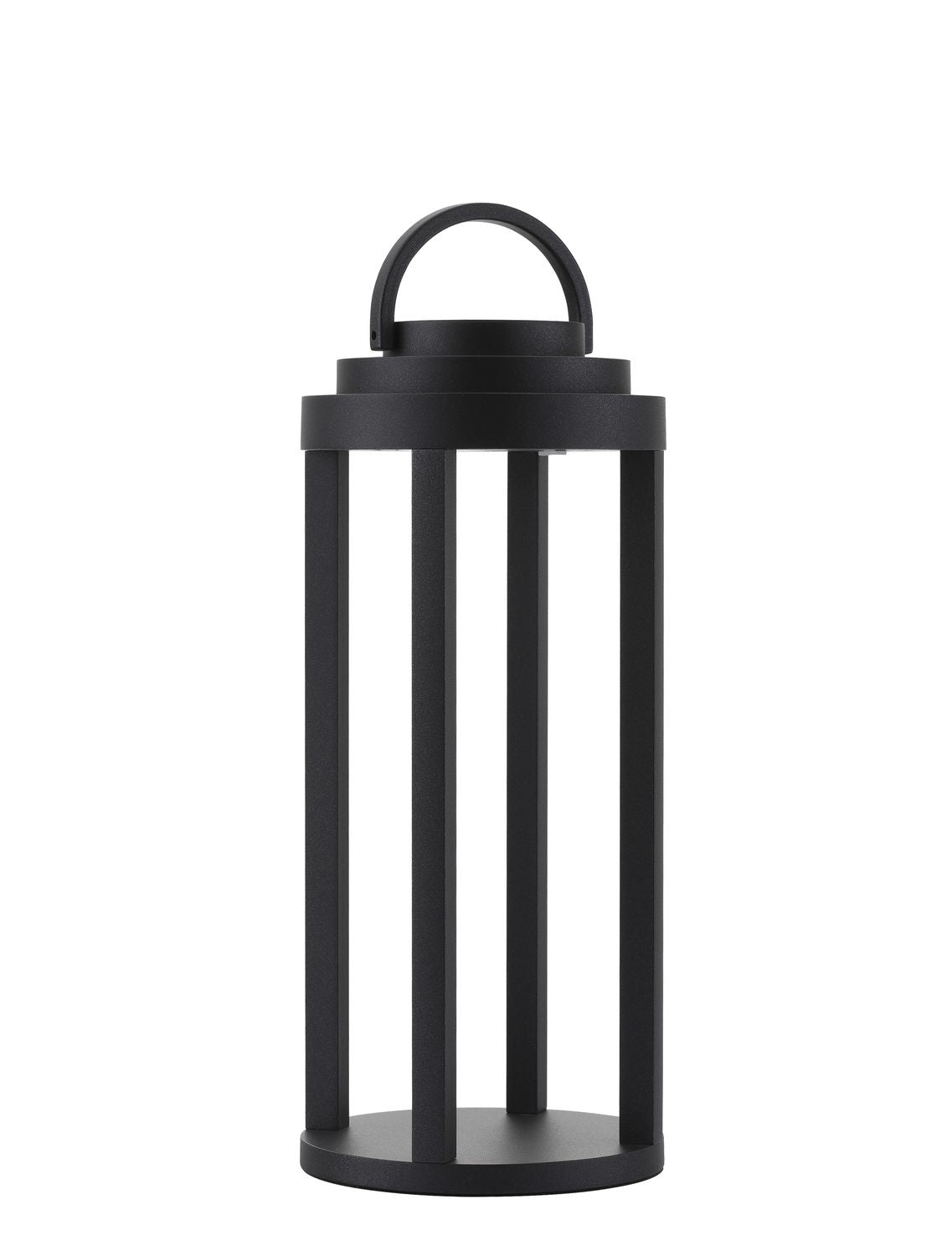 Luminaire noir de face sur fond blanc, structure cylindrique ajourée