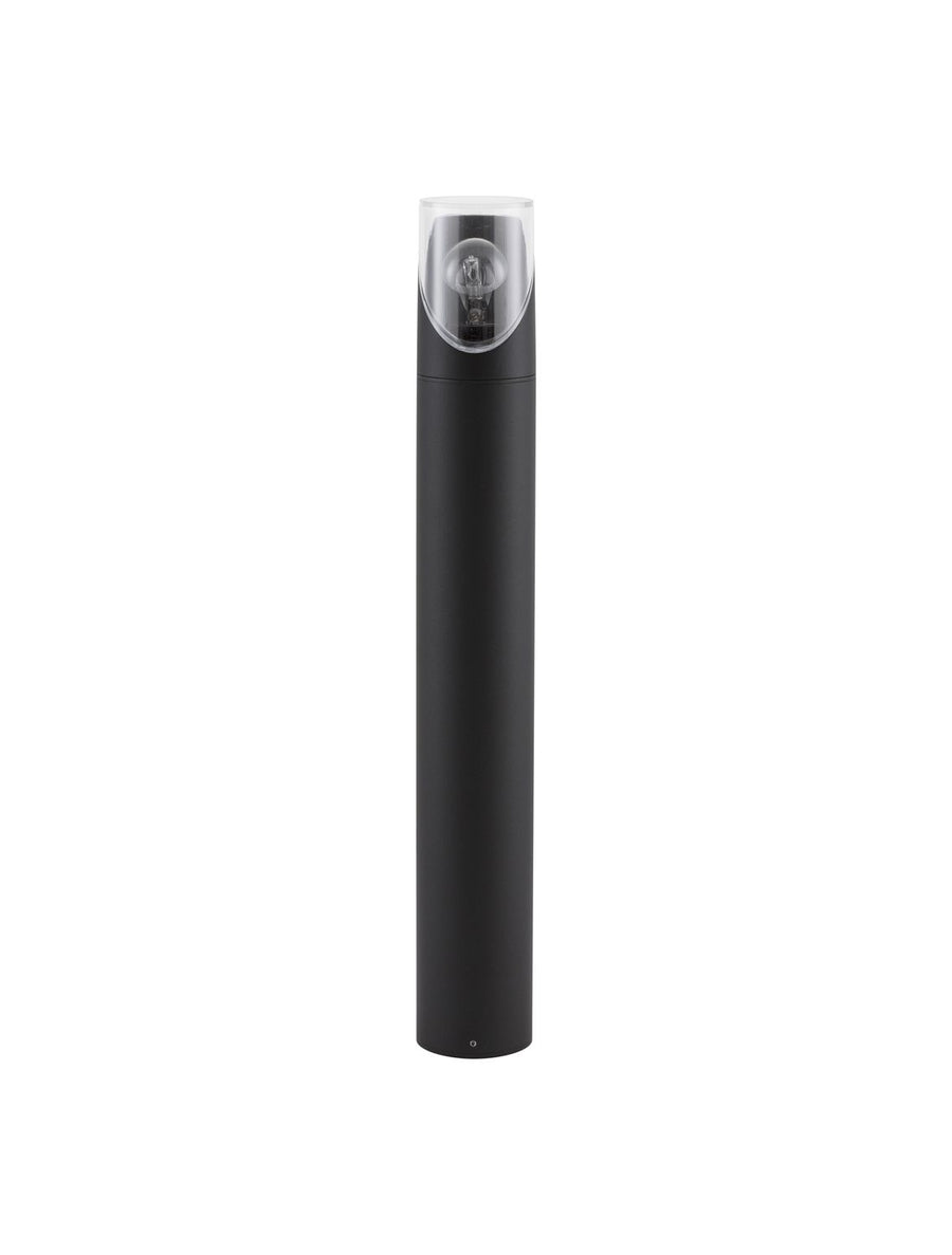 Borne cylindrique anthracite présentée en pied, de face sur fond blanc