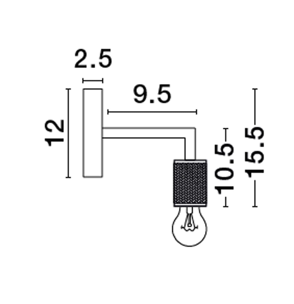 Schéma technique coté de l'applique, dimensions du support et du cylindre.