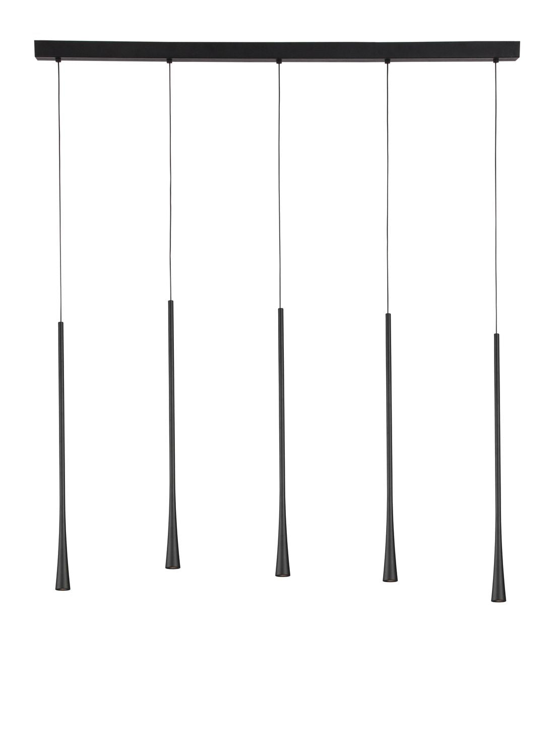 Produit de face sur fond blanc : barre noire et cinq suspensions coniques effilées alignées.