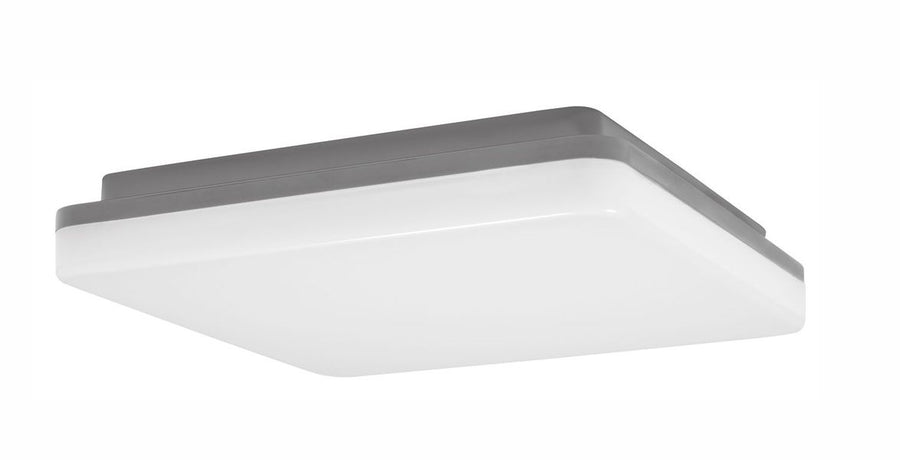 Produit de face sur fond blanc, plafonnier carré blanc à bordure grise vue de trois quarts