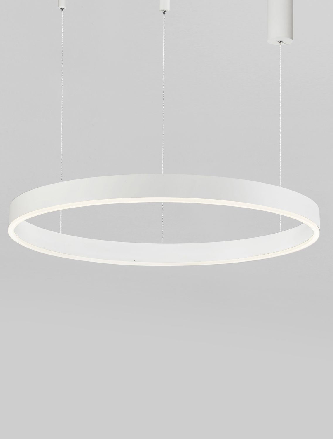 Vue rapprochée de l'anneau lumineux blanc et de ses câbles de suspension.