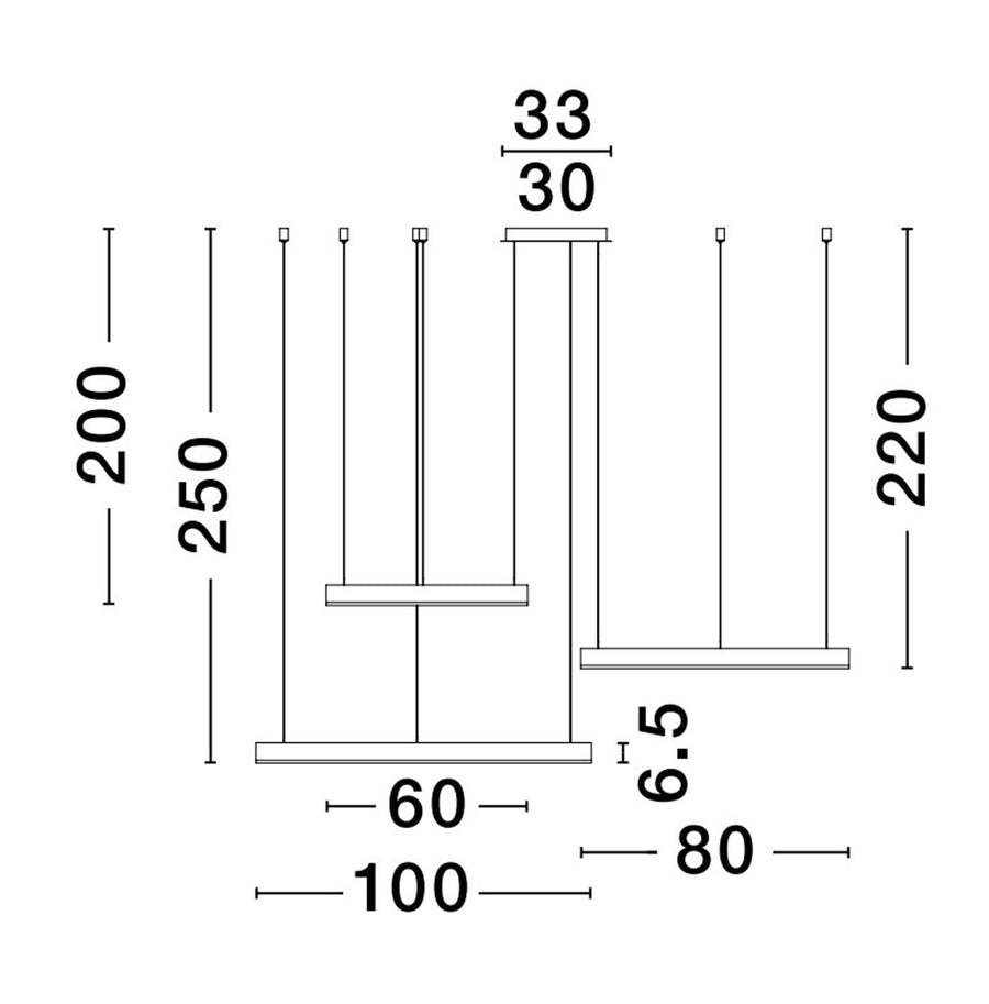 Schéma de dimensions du luminaire avec hauteurs et largeurs indiquées.